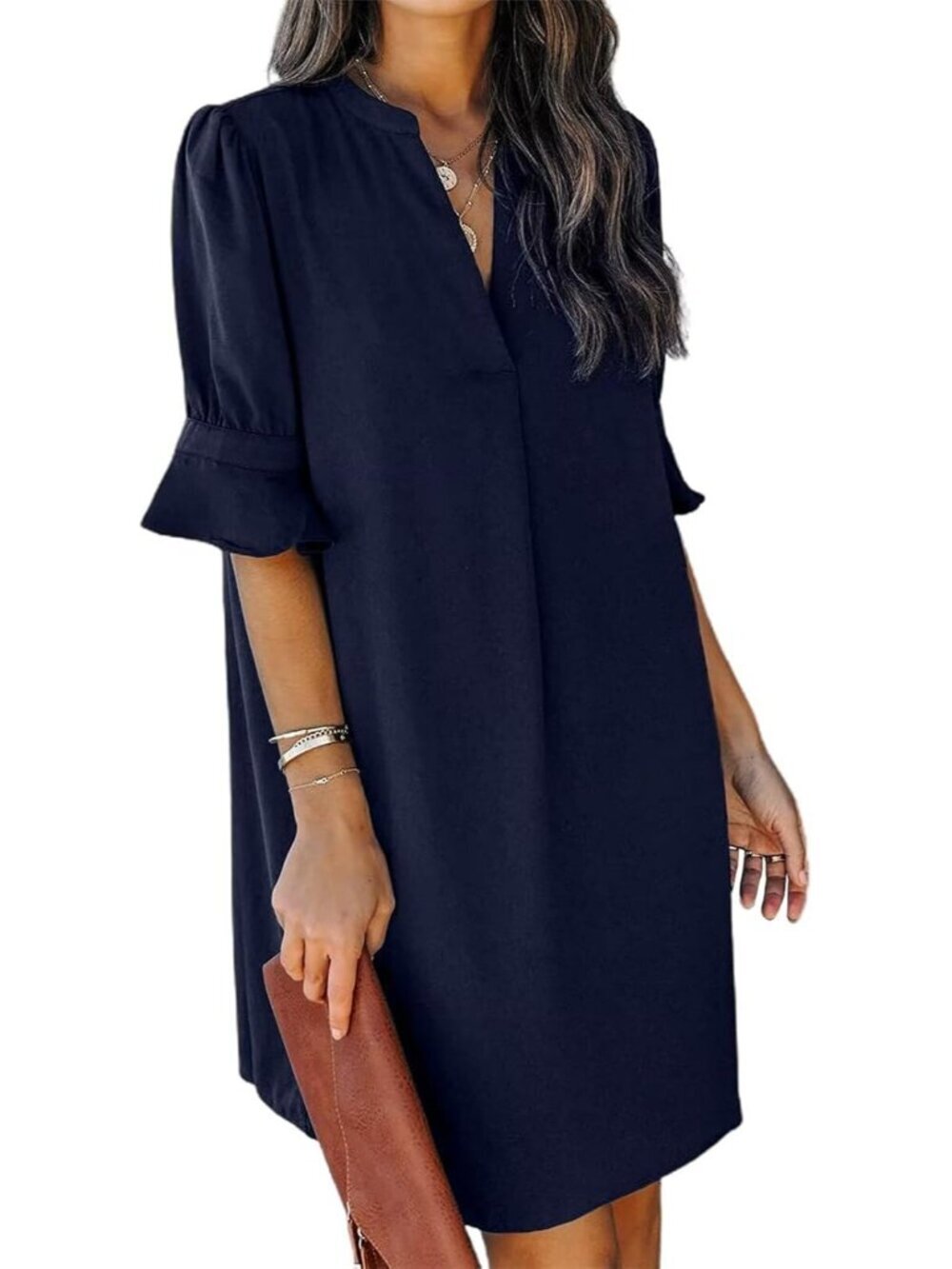 Women's Dark Blue Dresses V Neck Short Sleeve Solid Casual Shift Mini Dress